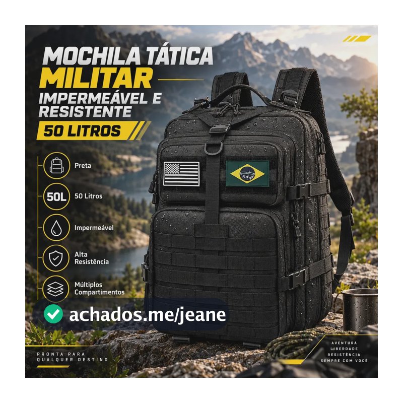 Bolsa Tática Mochila Militar Impermeável E Resistente 50 Litros Preto Para Viagem Trabalho Estudos