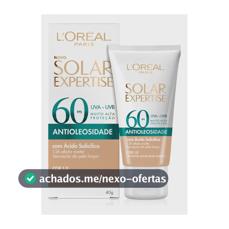 L'Oréal Paris Solar Expertise Antioleosidade, Protetor Solar Facial com FPS 60, 12h de Efeito Matte com Ácido Salicílico, Cor 1.0, 40g