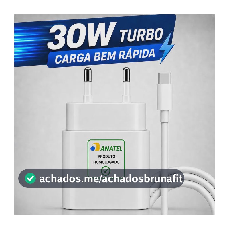 Carregador 30W Turbo Tipo C Para iPhone 15 16 17 Air Pro Max + Cabo forte grosso 1m Samsung Galaxy Motorola Anatel 3tech
