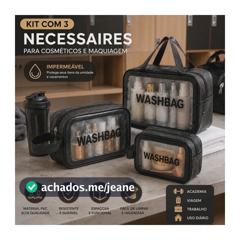 Kit 3 Necessaire Estojo De Toalete Organizador De Malas Kit Maternidade Cosméticos Shampoo Impermeável Ideal Para Áreas Molhadas Viagens Trabalho Academia Material PVC Qualidade Tche Amo Cor Preto