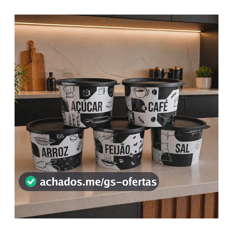 Kit Porta Mantimentos 5 Peças  Redondo Com Decoração 1,5 Lt Preto