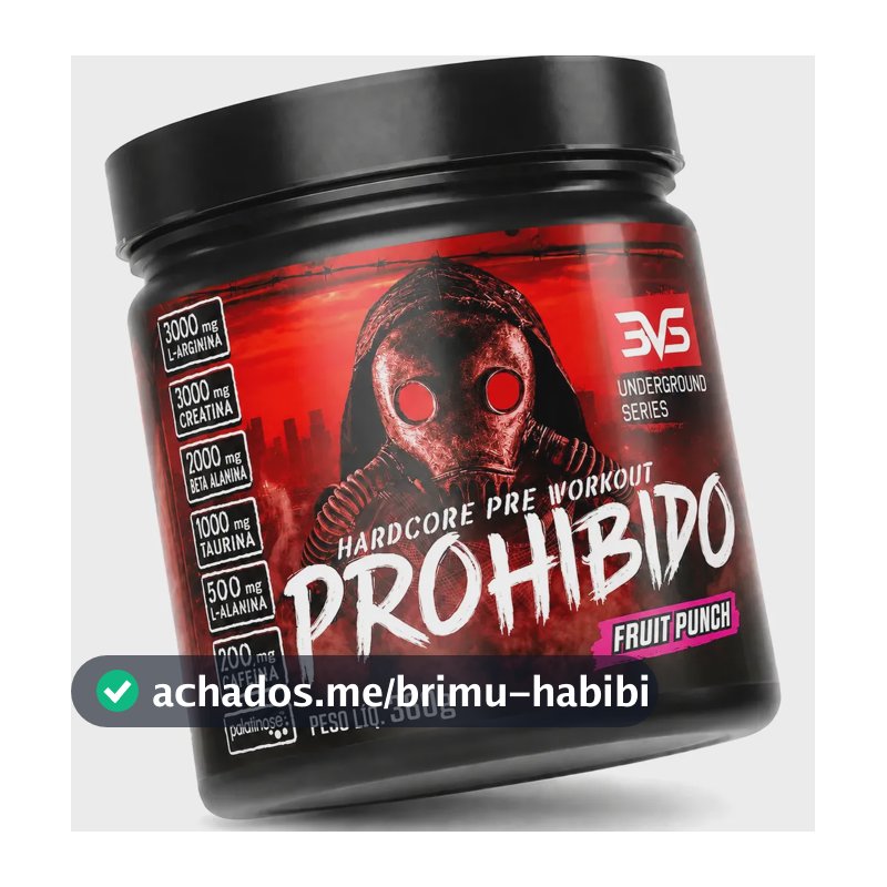 PRÉ TREINO PROHIBIDO 360g Sabor Fruit Punch - Fórmula Avançada contendo Creatina, Beta Alanina, Taurina, L-tirosina, L-alanina, Cafeína, Arginina e Palatinose - Extra Forte