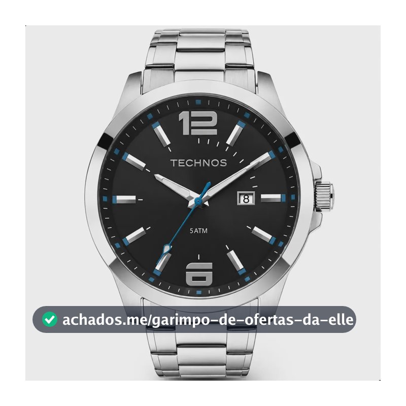Relógio Technos Masculino 2115GU/1A 45 Milímetros Aço Inoxidável com Fundo Preto e Azul Prova D´Agua 50m