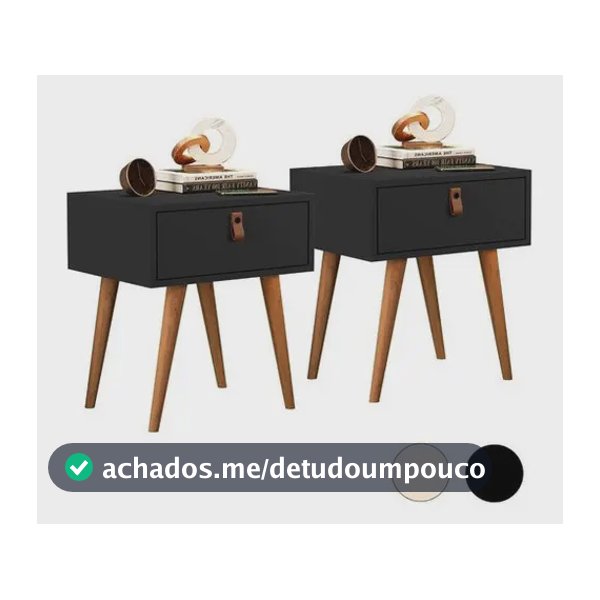 Kit 2 Mesas De Cabeceira Retrô Puxador Em Couro 01 Gaveta Cor Preto/Legno Criado Mudo Mérito Movelaria