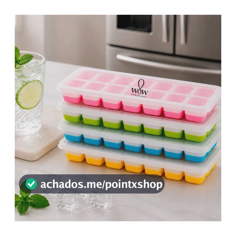 Kit 4 Forma De Gelo Fundo Silicone 14 Cubos Tampa Rígida Multicolor Wow World Of Wonders