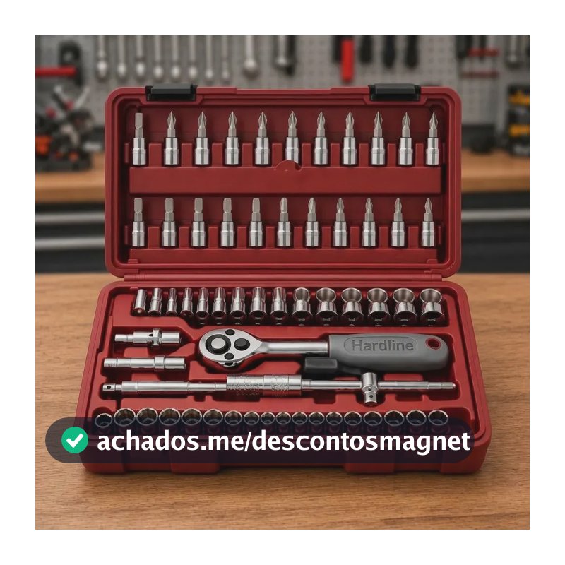 Kit Jogo de Ferramentas 46 Peças Catraca Soquetes Bits Fenda Phillips Allen Extensores com Maleta para Oficina Mecânico Casa Carro Reparos Manutenção Portátil Compacto Hardline