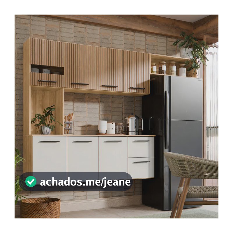 Armário de Cozinha Completa Aéreo 7 Portas e 2 Gavetas Planejada Suspenso Branco Off White Ripado 3D Carvalho Nature Amadeirado Juliana