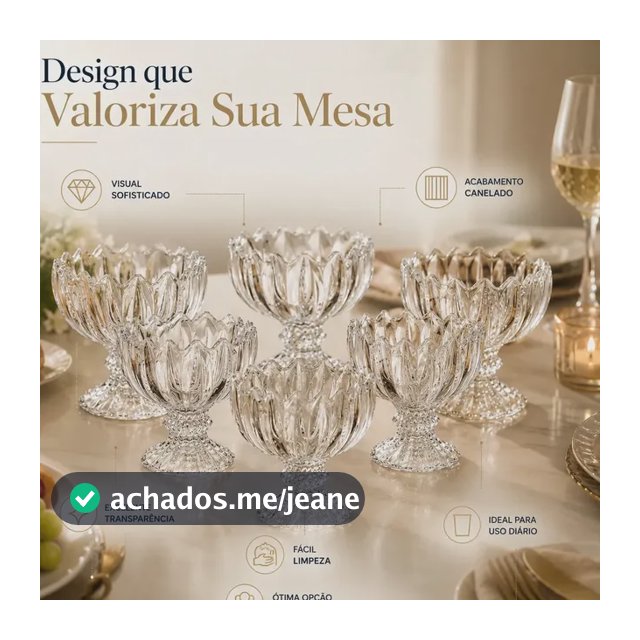 Kit 6 Taças de Vidro Cristal para Sorvete Sobremesa Açaí Mousse Salada de Frutas 135ml Canelada Transparente Base Decorativa Premium