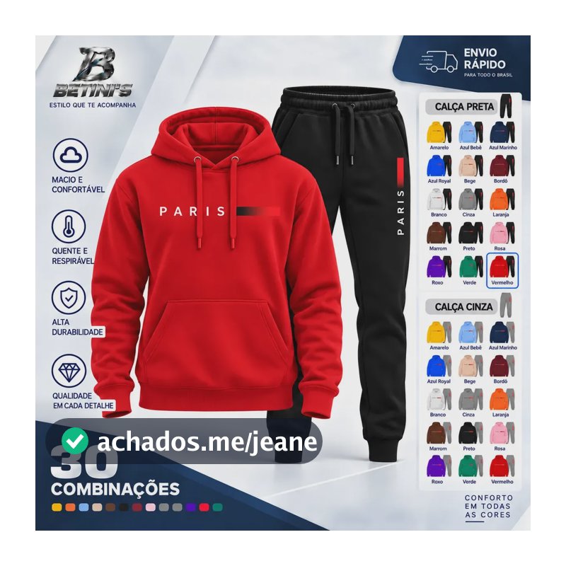 Conjunto Moletom Calça Unissex Paris Canguru Casaco Frio M Vermelho