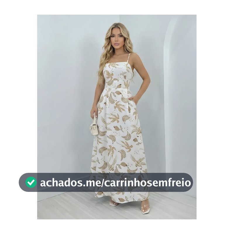 Vestido Longo Feminino Alças Fina Estampa Folhas Moda Verão Branco/nude Único