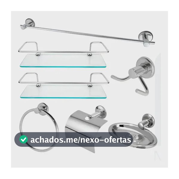 Kit Acessórios  Banheiro Inox + 2 Porta Shampoo Reto Vidro Prateado