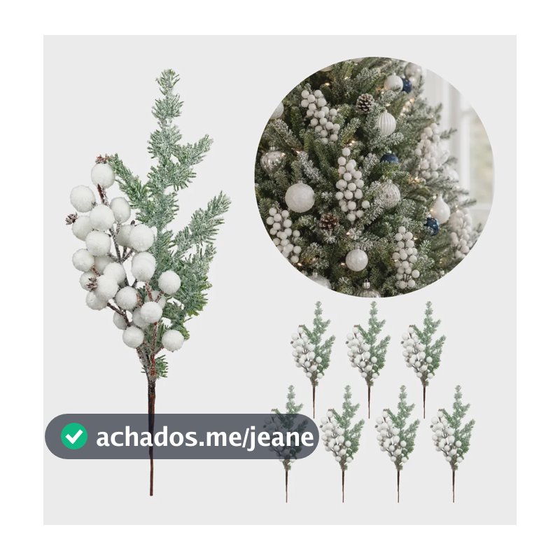 Kit 8 Pick Natalino Galhos Azevinho Pinha Enfeite Decoração Azevinho Branco Flocado 35cm