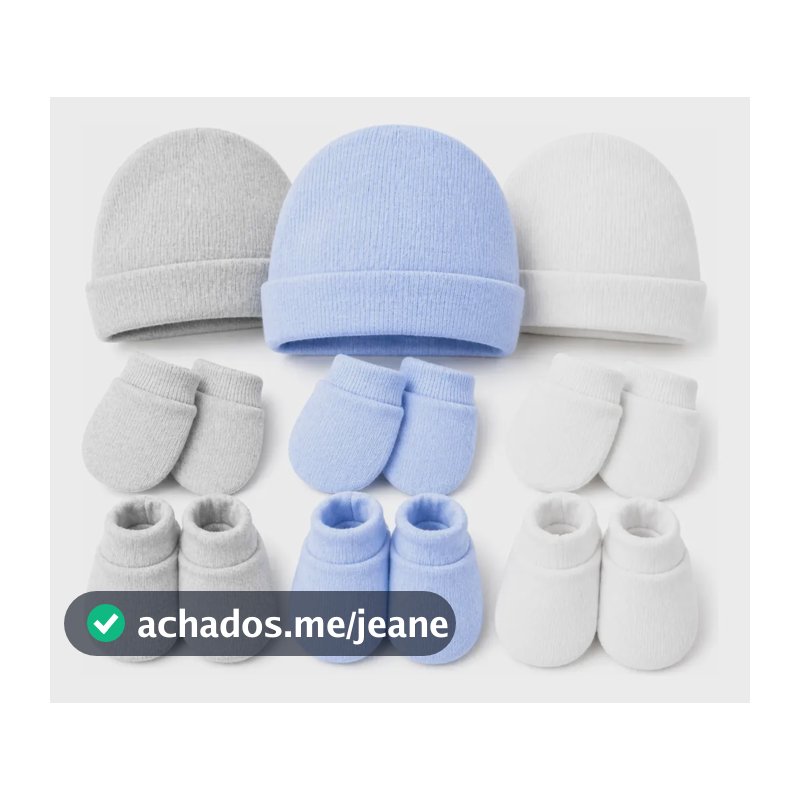 Kit 3 Toucas 3 Luvas 3 Sapatinhos Bebê Recem Nascido Algodão Menino 0-3 M