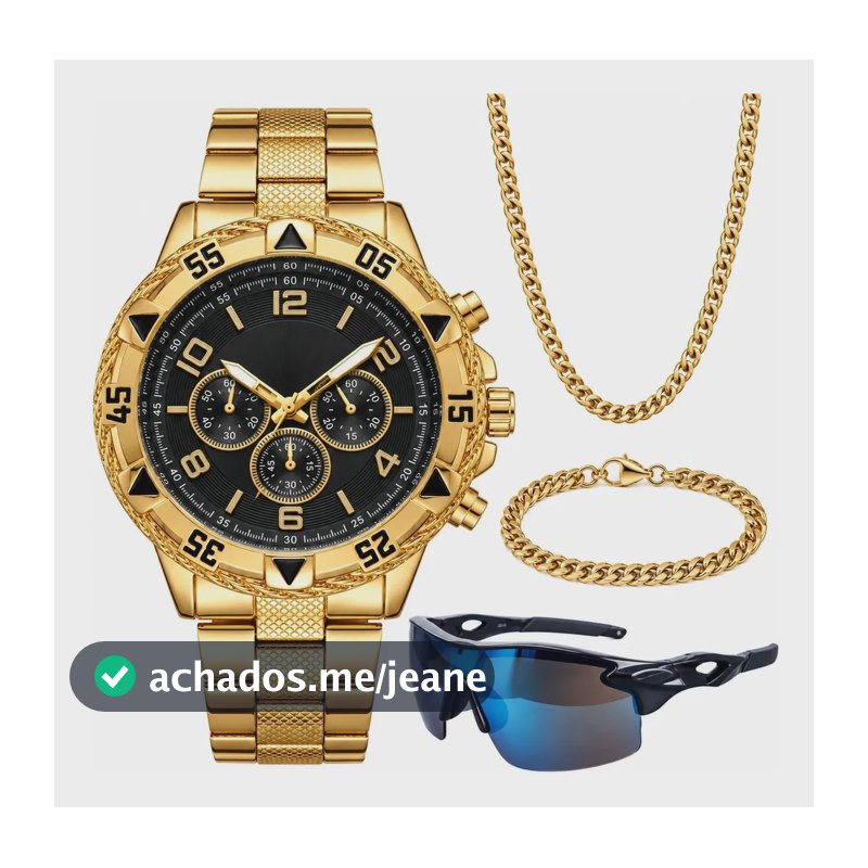 Relogio Masculino Dourado + Oculos Sol + Cordão + Pulseira Dourado Preto