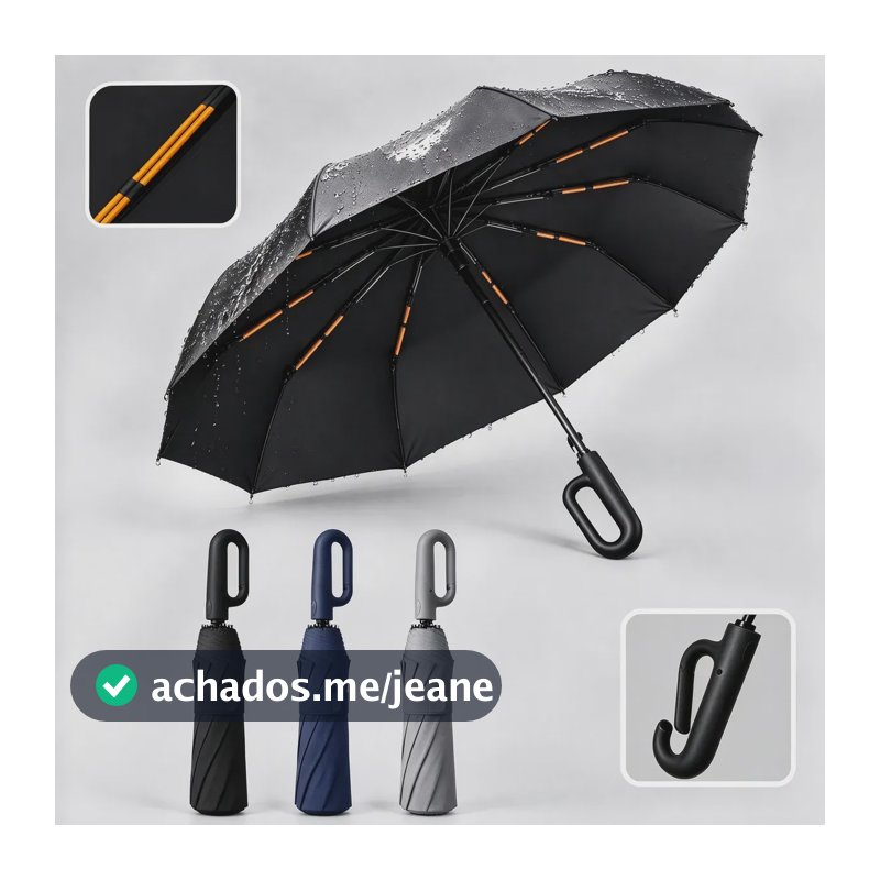 Guarda Chuva Automático 10 Varillas Duplas Cabo C Anti Vento Preto Liso