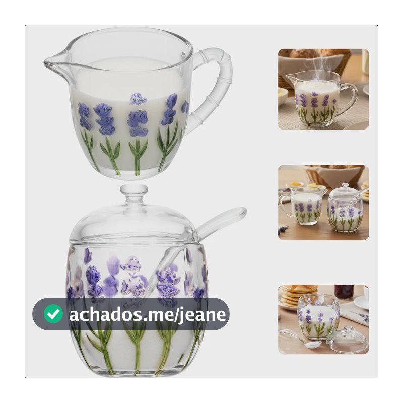 Kit Café Da Manhã 2 Peças De Cristal Florido Mesa Posta Leiteira 240ml E Açucareiro 200ml Com Colher Lavanda Hand Painting Lyor