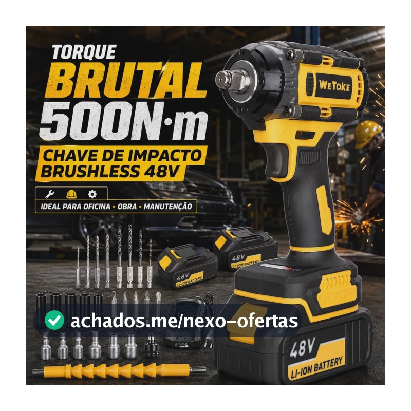 Chave De Impacto Parafusadeira Profissional 48v 500n.m Sem Fio 2 Baterias Bivolt E Acessórios Wetoke
