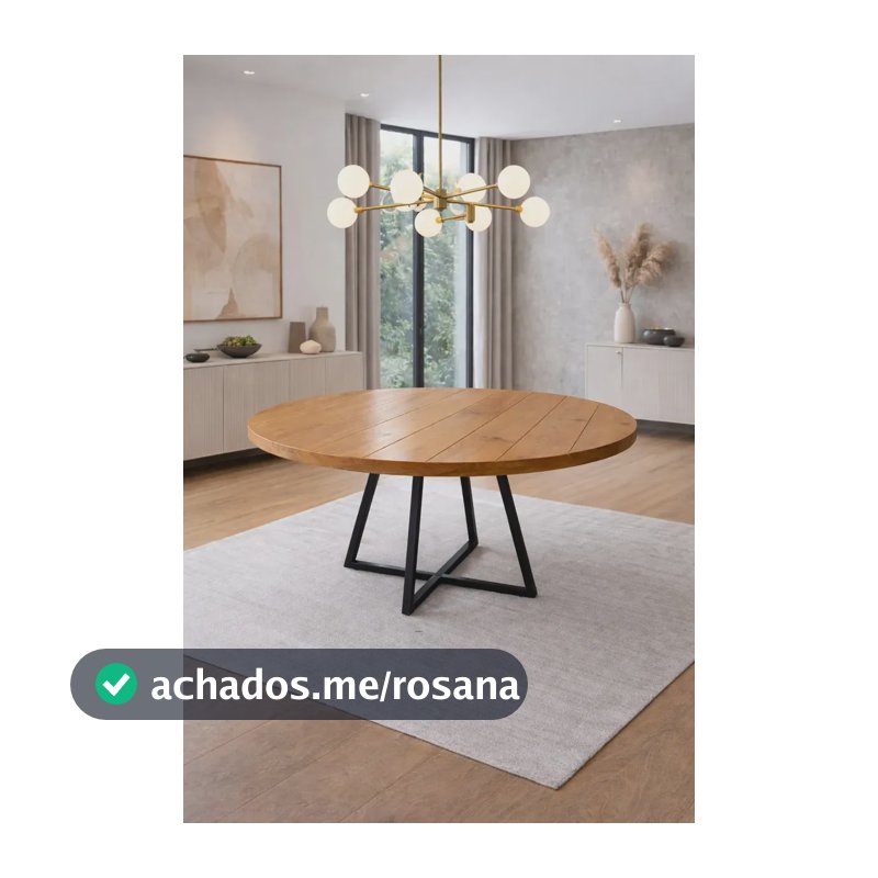 Mesa Redonda Industrial 110cm 6 Lugares Madeira E Ferro Mel Preto