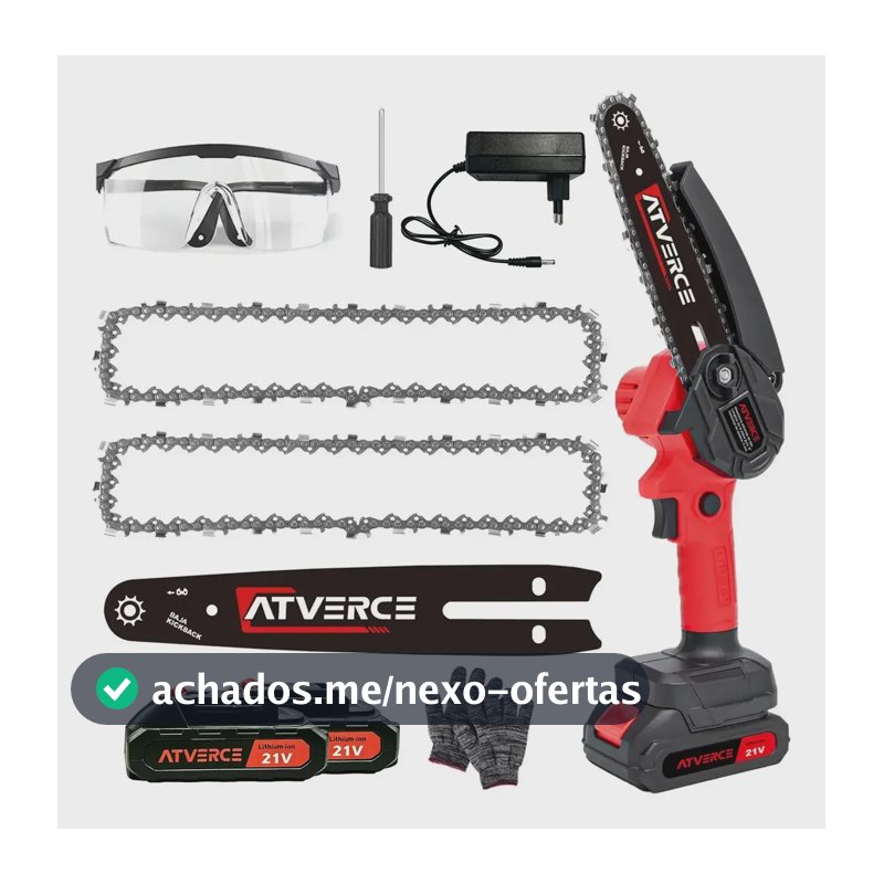 Motosserra Elétrica a Bateria Atverce 21V sem Fio 800W para Podar com 2 Correntes e Kit de Acessórios