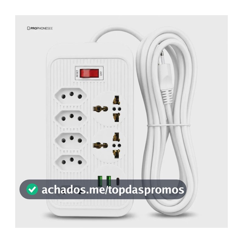 Extensão Elétrica 5 Tomadas 2 USB 1 Tipo C Pd Filtro de Linha com Proteção de Sobrecarga Tomada Universal Tripolar Cabo 5 metro Régua Energia Com Interruptor De Segurança Protetor De Surto Bivolt