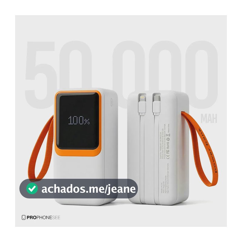Carregador Portátil Power Bank 50000 Mah 60W Turbo Compatível Com iPhone Apple Android Asus Lg Ios Samsung Xiaomi Motorola Entrada Saída Usb Tipo C E Cabo Usbc Lightning Super Rápido Visor Display