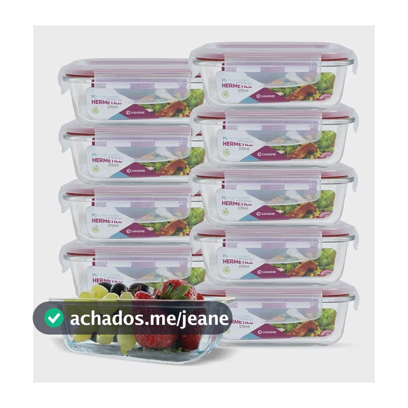 Kit 10 Potes Vidro Hermético Retangular Marmita 370ml Freezer Vermelho U4home