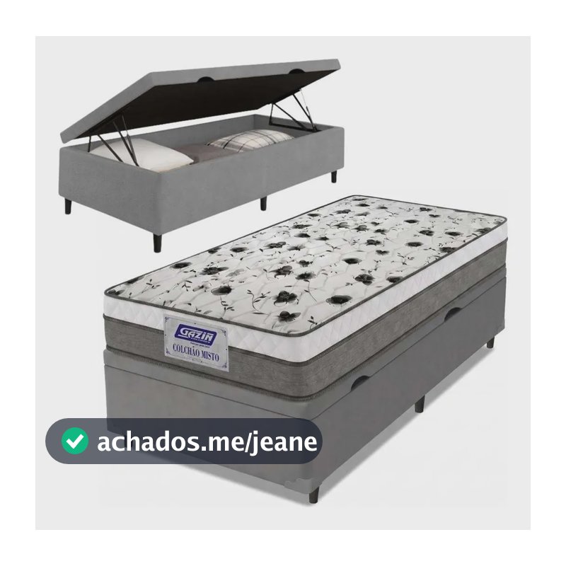 Cama Box Baú Solteiro Colchão Espuma D33 Fort 88x188x62cm Cinza e Branco Gazin