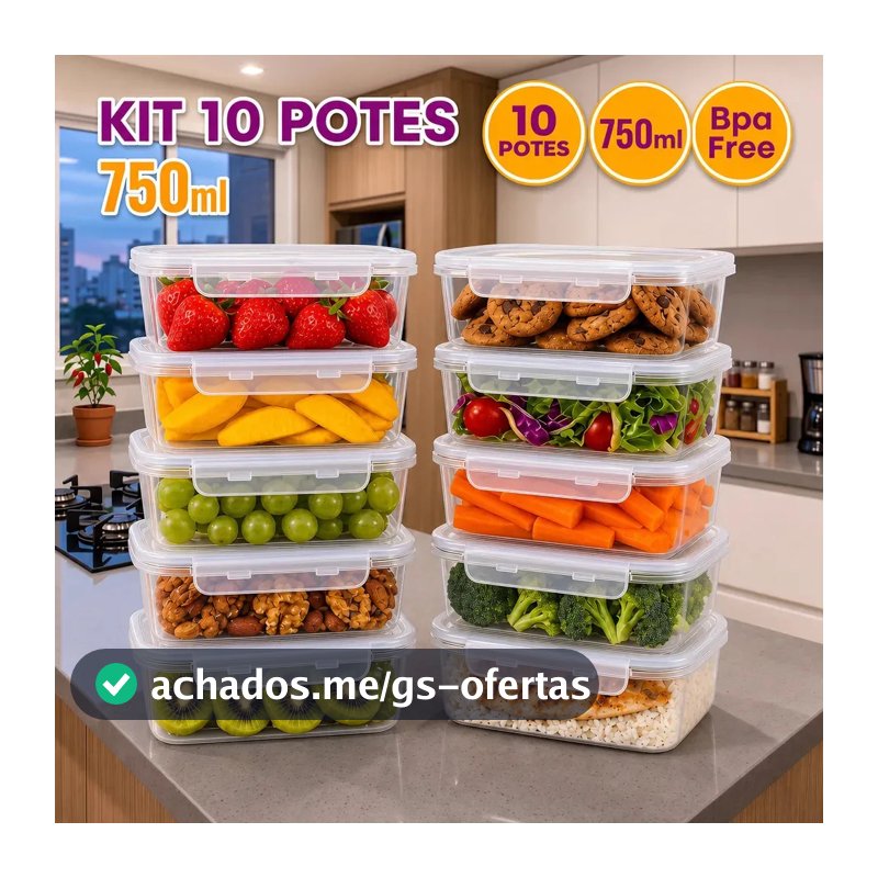 Kit 10 Potes 750ml com Tampa Trava Plástico Transparente para Mantimentos e Alimentos Marmita Organizador de Cozinha Geladeira e Freezer Jogo de Potes para Organização Ponte Lar Utilidades