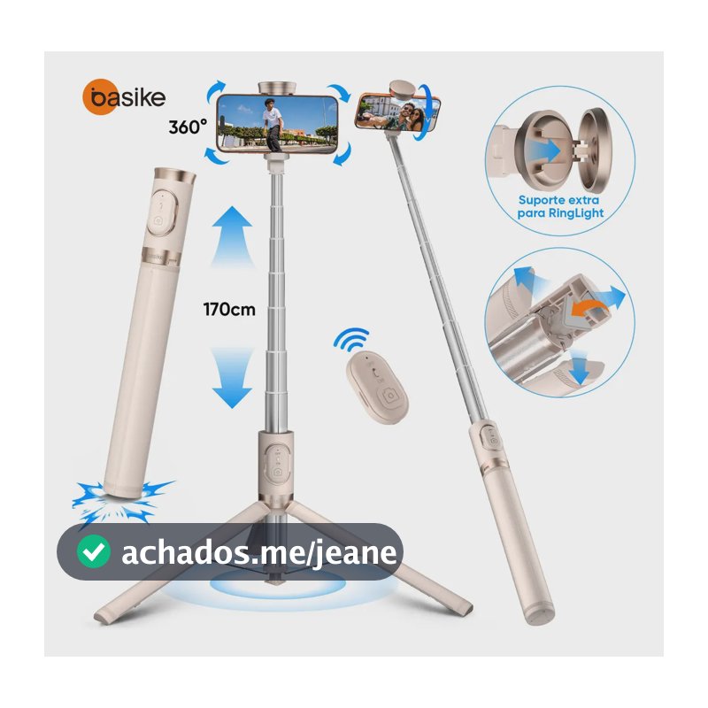 Tripé 3 em 1 para Celular com Controle Remoto Bluetooth, Altura Ajustável de 1,7m com Rotação 360° e Suporte para Câmera, Selfie Stick e GoPro – Ideal para Fotos, Vídeos, Lives e Vlogs Basike