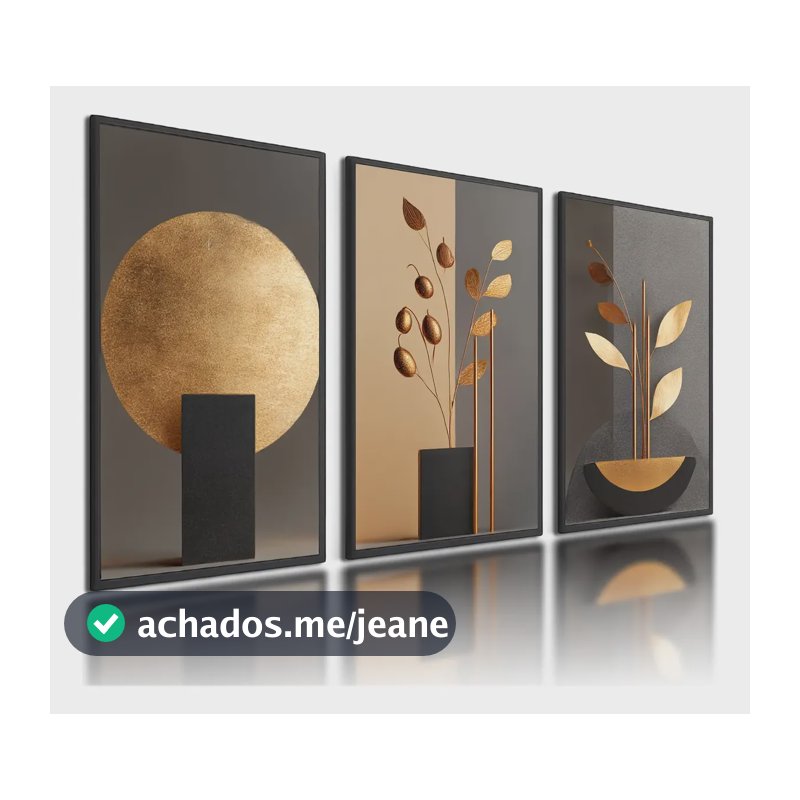 Kit 3 Quadros Decorativos Abstratos Folhagem Dourada Preto