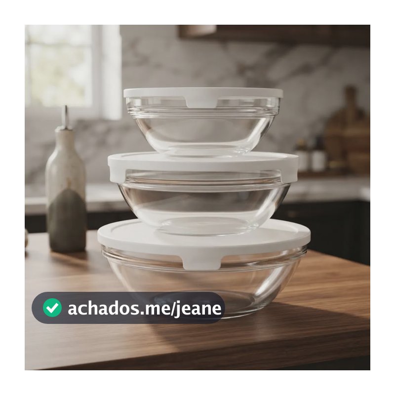 Jogo Potes De Vidro Com 3 Peças Marmita Microondas Freezer Branco