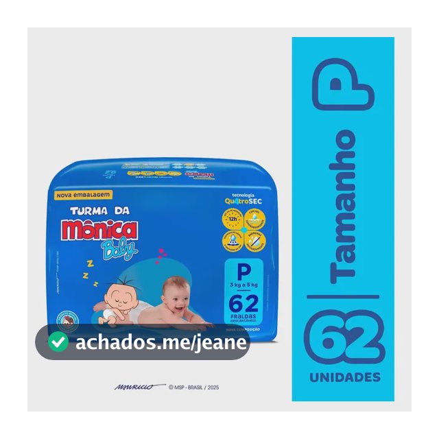 Fraldas Descartáveis Baby Qu4troSec Com 62 Unidades Tamanho P Turma da Mônica