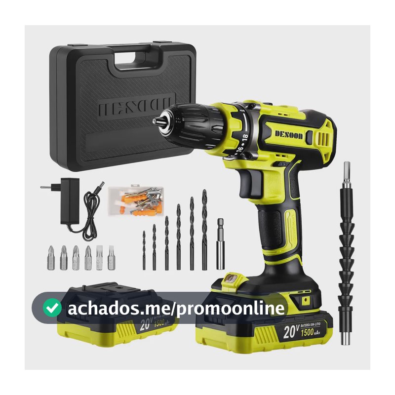 Parafusadeira DESOON 20V Com Motor de Cobre, Maleta e 13 Acessórios