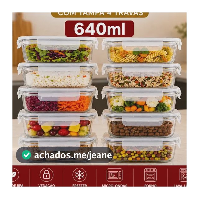 Kit 10 Potes Herméticos Vidro 640ml Starhouse Marmita Forno Micro-ondas Airfryer com 4 travas de super vedação