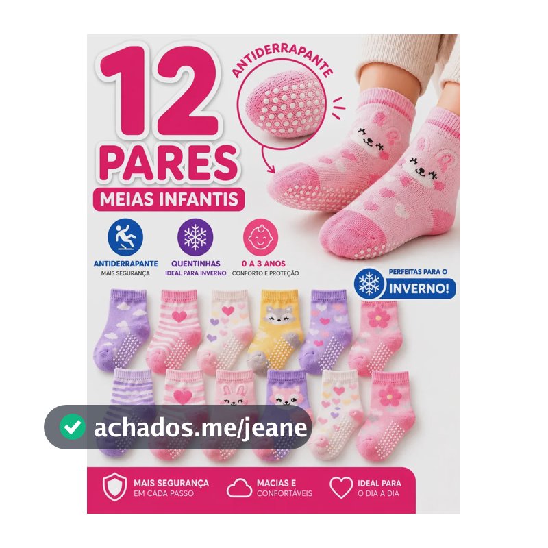 Kit 12 Pares Meias Bebê Infantil Antiderrapante Confortavel Menina Sortidos Sortidos 12 A 24 Meses