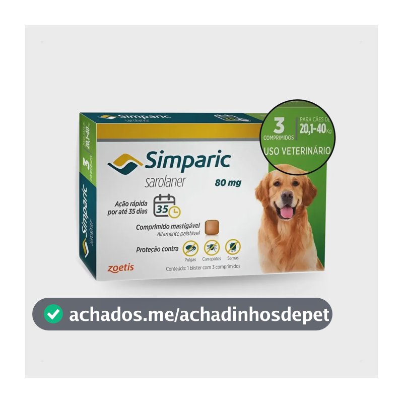 Antipulgas Para Cães Simparic 80mg 20 A 40kg 3 Comprimidos