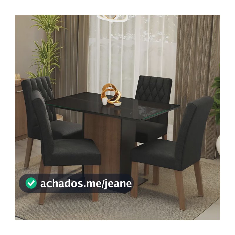 Sala De Jantar Mesa Tampo Vidro 4 Cadeiras Reale Madesa Rpo Cor Rustic/Preto/Oxford
