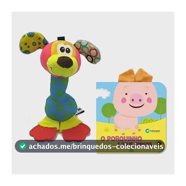 Brinquedo Bebê Chocalho Mordedor Pelúcia + 1 Livro Porquinho Colorido Cachorro E Porquinho