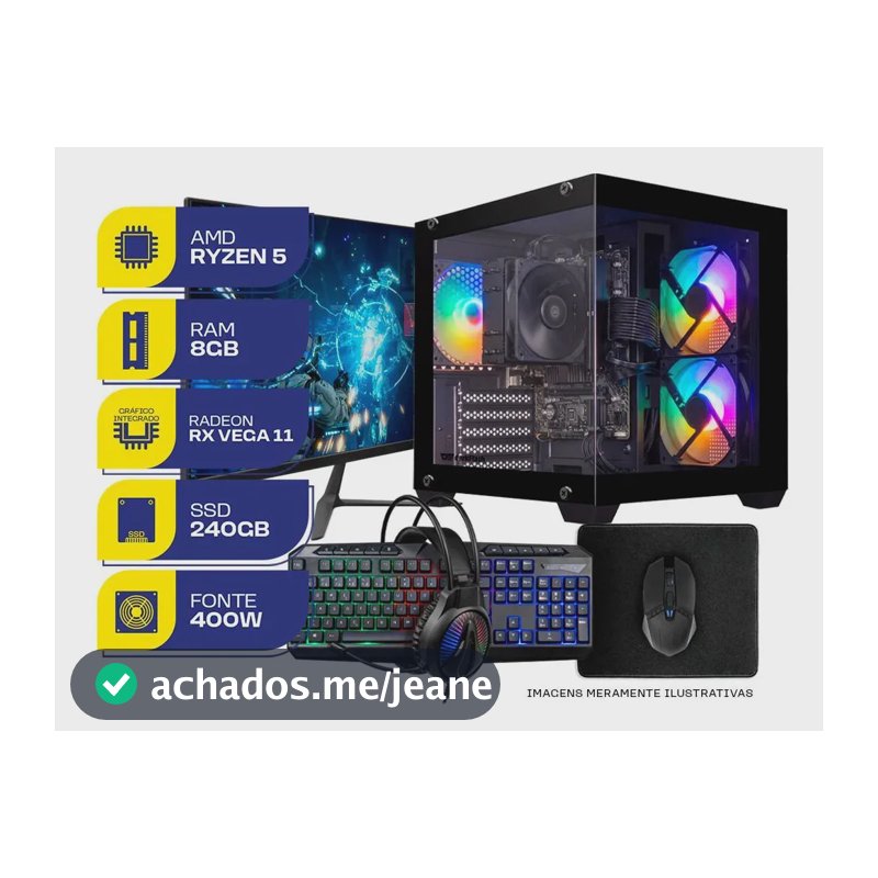 PC Gamer Completo MCL, AMD Ryzen 5 3400G, RX Vega 11, 8GB DDR4, SSD 240GB, 400W 80 Plus, Combo de Periféricos + Monitor