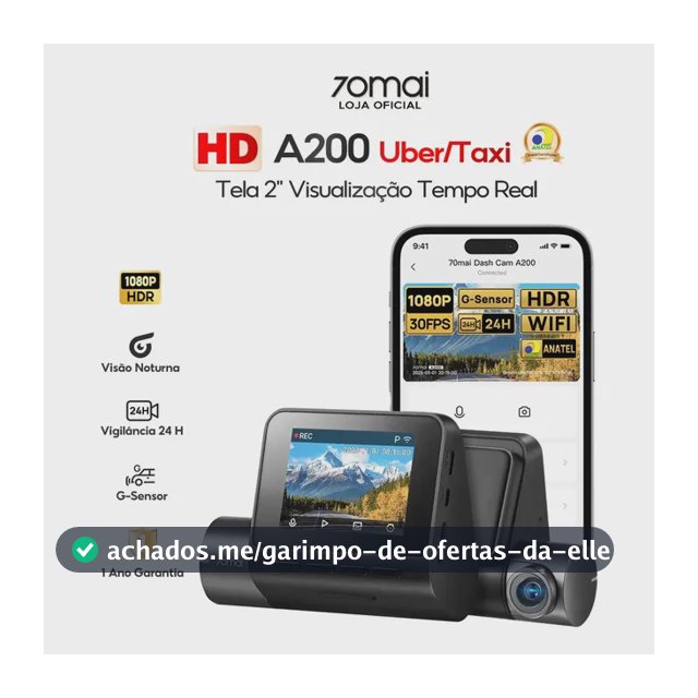 Câmera Veicular Automotiva 70mai A200 2'' Tela HD 1080P Hdr Wifi 60fps Ângulo 130 Camera para Carro 24h Visão Noturna com App G-sensor Vigilância de Estacionamento 24H Gravação de Emergência