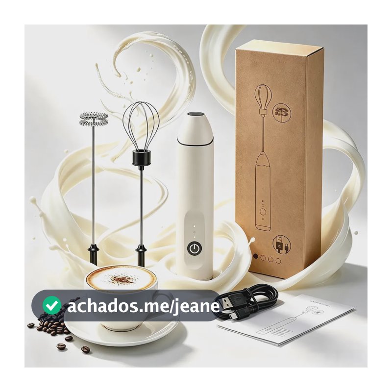 Mini Mixer Eléctrico Portátil 2 em 1 USB Recarregável, Batedor Fouet Inox para Espuma de Leite e Ovos, Café Cappuccino Whey Protein Shake, Compacto