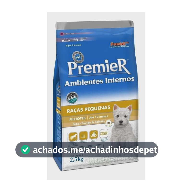 Ração Premier Cães Filhotes Raças Pequenas Ambientes Internos Sabor Frango e Salmão 2,5kg