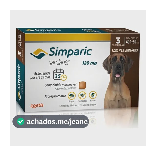 Antipulgas Simparic 120mg Cães 40-60kg Zoetis 3 Comprimidos