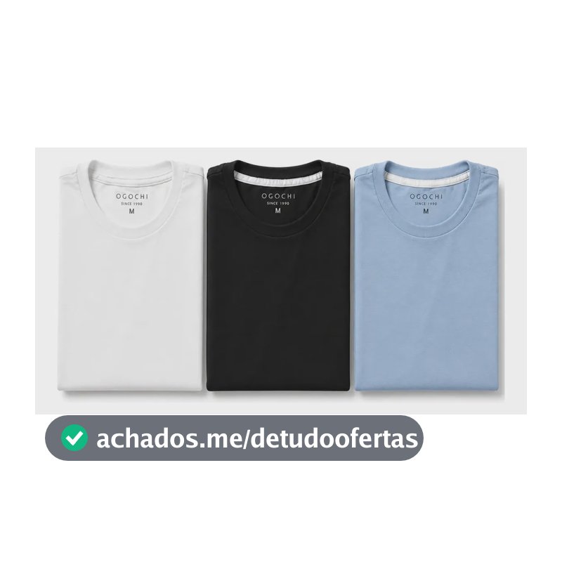 Kit 3 Camiseta Básica Ogochi Masculina Slim Original Algodão Preta | Branca | Azul Lisa M Liso