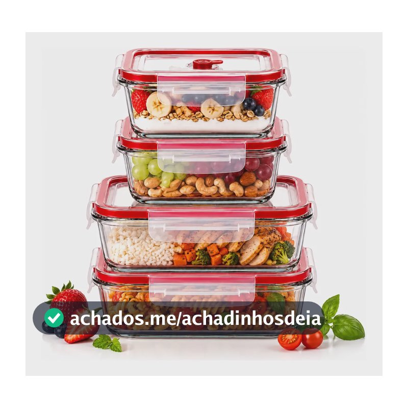 Kit 4 Potes Herméticos Vidro 370ml 640ml Marmita 4 Travas Transparente