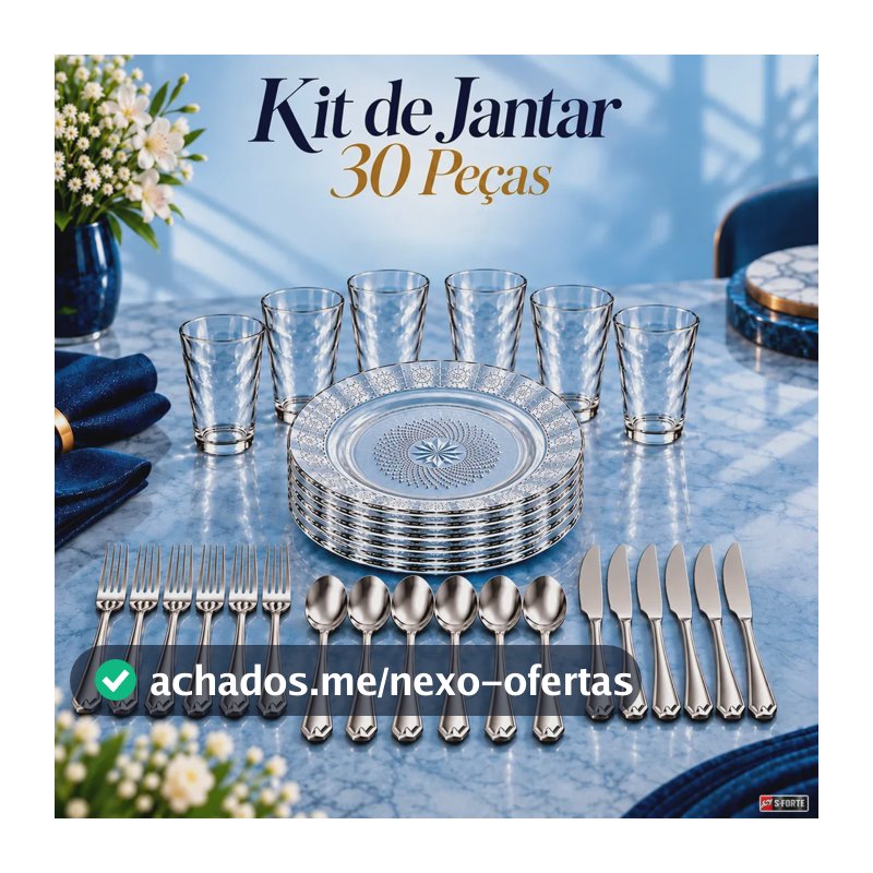 Jogo de Jantar Sforte 30 Peças com Pratos e Copos de Vidro e Talheres de Inox