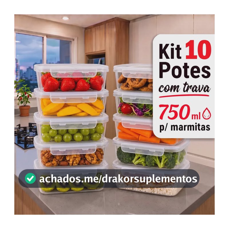 Kit 10 Potes Marmita 750ml Com Tampa Trava Transparente Bpa Água