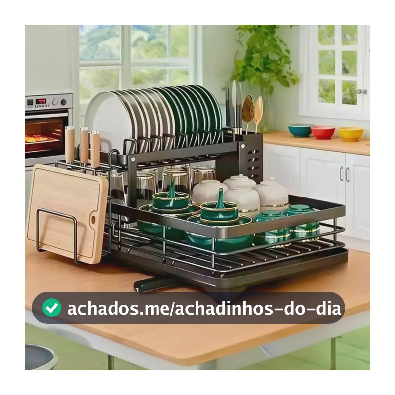 Escorredor de Louça Inox Preto com 2 Andares para Bancada e Porta-Talheres