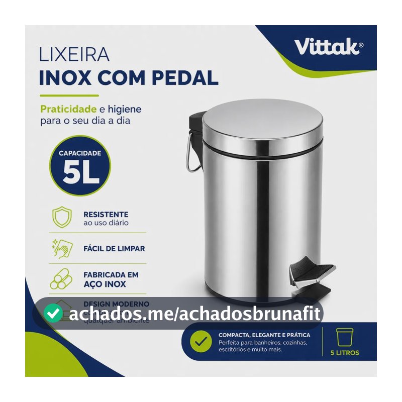 Vittak Lixeira 5 Litros De Aço Inox Redonda Cesto Balde Banheiro Casa Lixo Cor Cinza