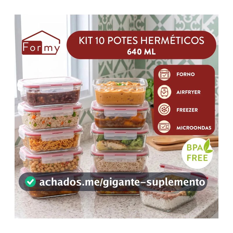 Kit 10 Pote De Vidro Marmita Hermético 640ml Freezer Fitness Borossilicato 4 Travas Micro-ondas Azul-Escuro